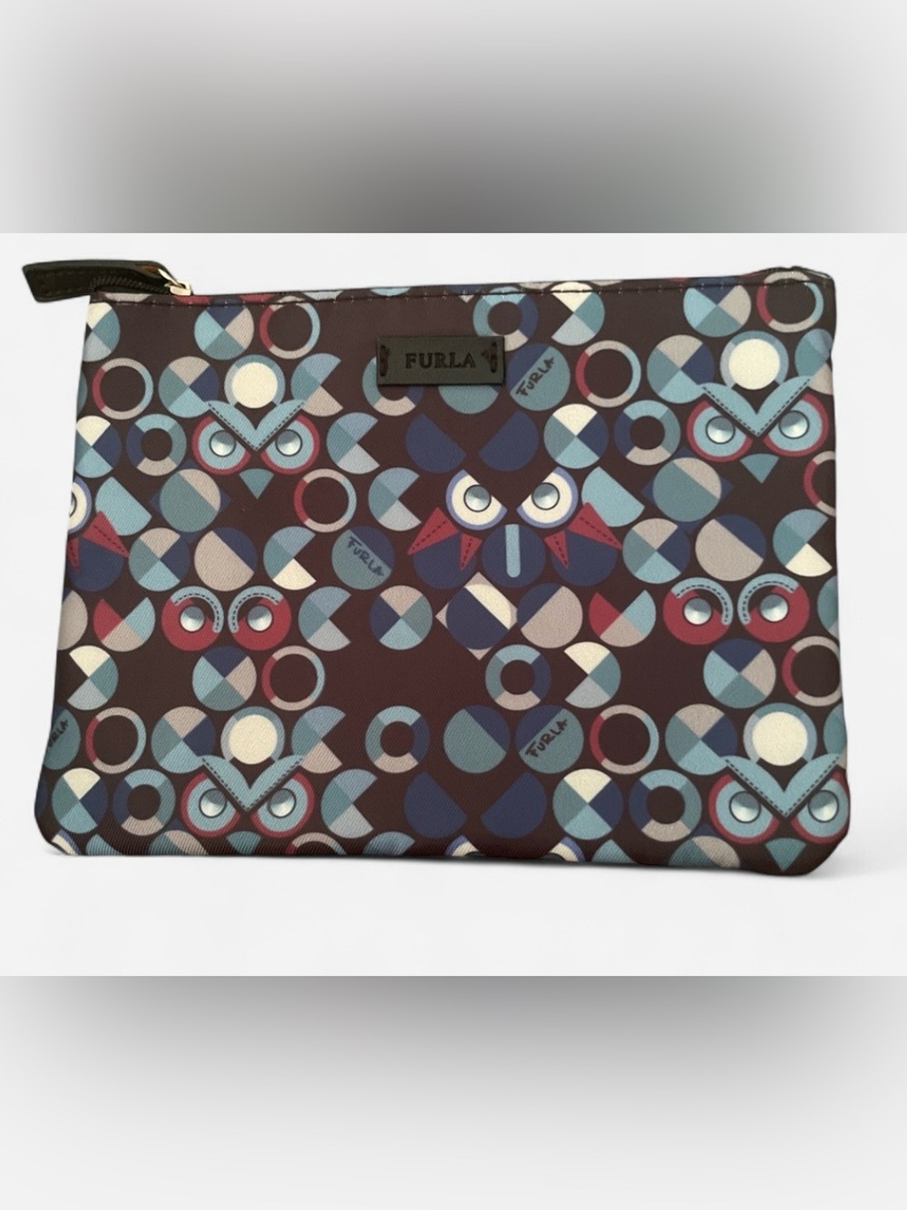 Furla Geometric Owl-Print Toiletry Pouch in Brown, Blue and Cream